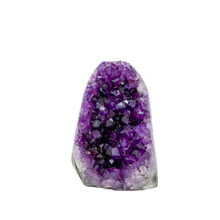 Polished amethyst geode no. 102 photographed at the primary crystal face, measuring 1.71 by 1.95 by 2.47 inches, Uruguayan AA grade.