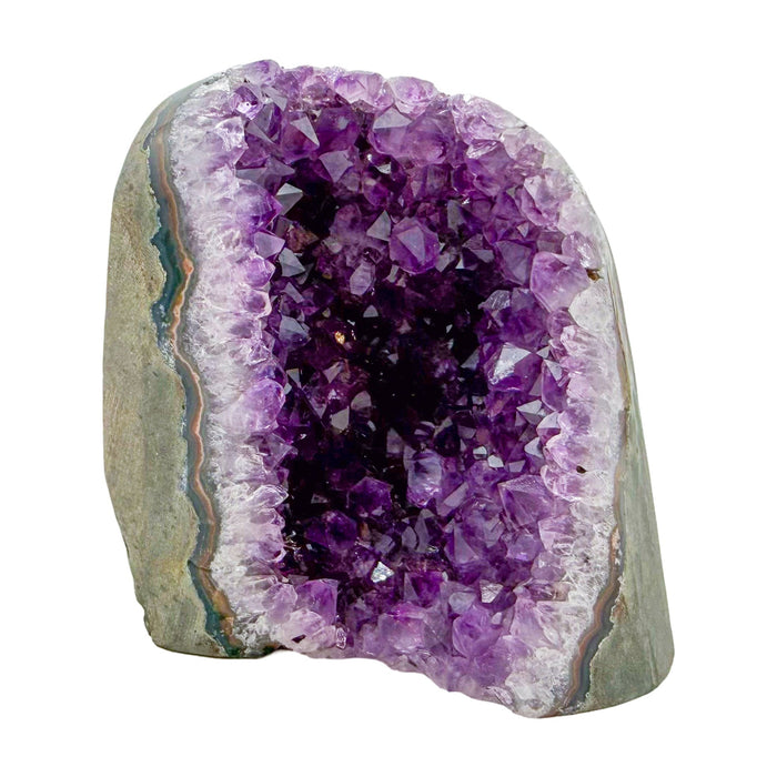 Uruguayan amethyst geode no. 106 at the primary crystal face, violet crystal interior framed by its polished agate shell, 0.93 lb.