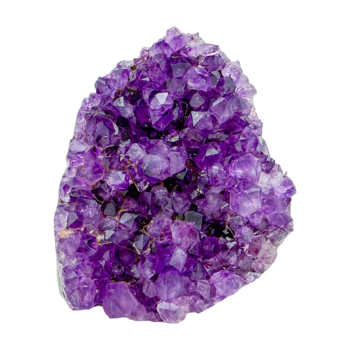 AA-grade amethyst polished geode no. 107 from Artigas, Uruguay, primary crystal face, violet druzy interior on a cut base, 3.16 inches tall.