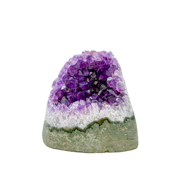 Polished amethyst geode no. 109 photographed at the primary crystal face, measuring 3.19 by 3.11 by 3.30 inches, Uruguayan AA grade.