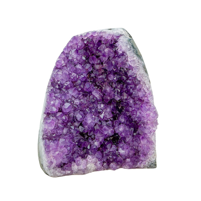 Polished amethyst geode no. 116 photographed at the primary crystal face, measuring 3.44 by 2.36 by 4.24 inches, Uruguayan AA grade.