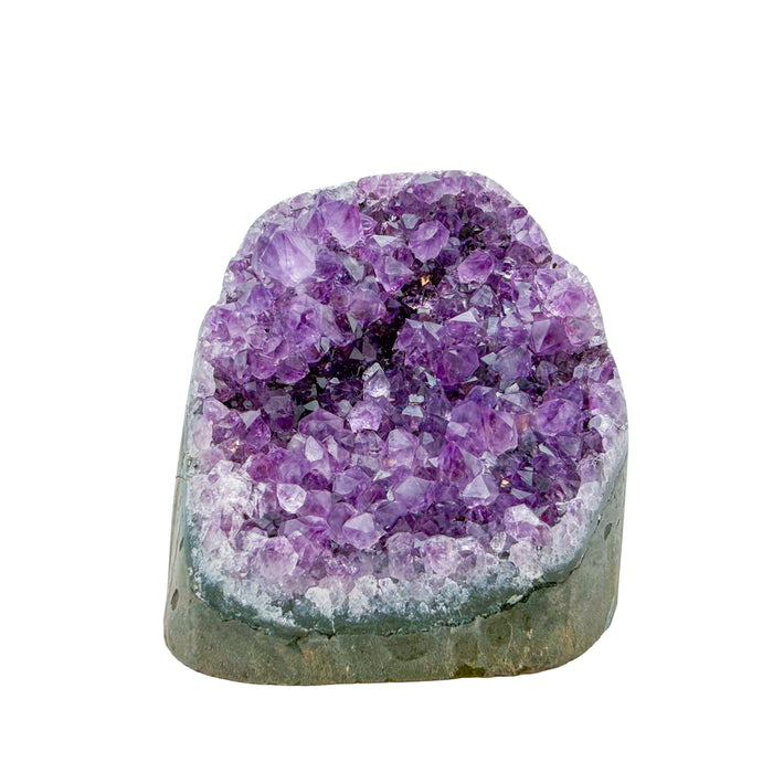 Primary crystal face of a 1.74 pound amethyst geode, no. 122, deep purple crystal lining a polished grey agate rind.