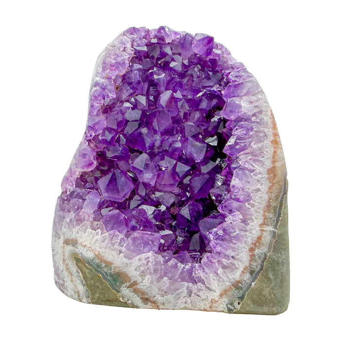 Primary crystal face of a 2.23 pound amethyst geode, no. 129, deep purple crystal lining a polished gray agate rind.