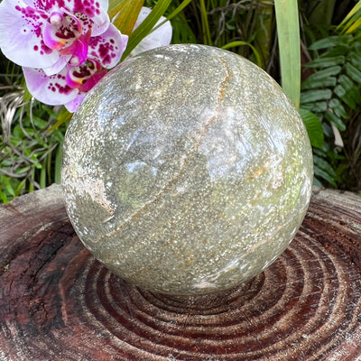 Ocean Jasper sphere in Green, Pink tones, ethically sourced from Madagascar for Emotional Healing and Stress Relief