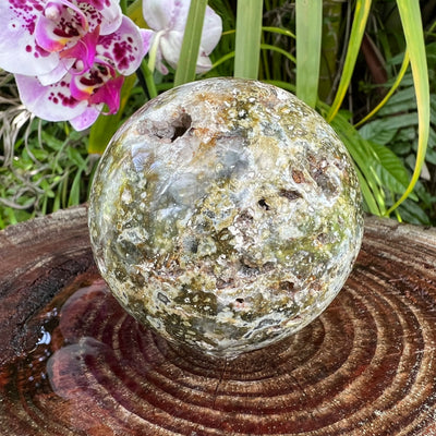 Ocean Jasper sphere in Green, Pink tones, ethically sourced from Madagascar for Emotional Healing and Stress Relief