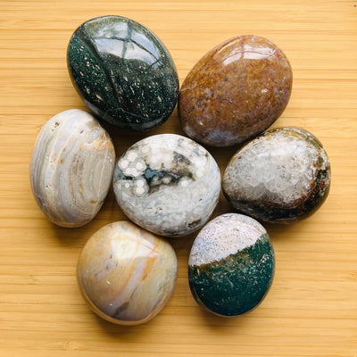 Ocean Jasper palm stone in Green, Pink tones, ethically sourced from Madagascar for Emotional Healing and Stress Relief