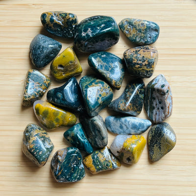 Ocean Jasper tumbled stone in Green, Pink tones, ethically sourced from Madagascar for Emotional Healing and Stress Relief