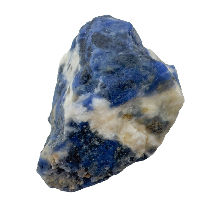Sodalite Raw Stones, AA Grade, Brazil: one raw piece on a white background, deep blue with white and tan veining