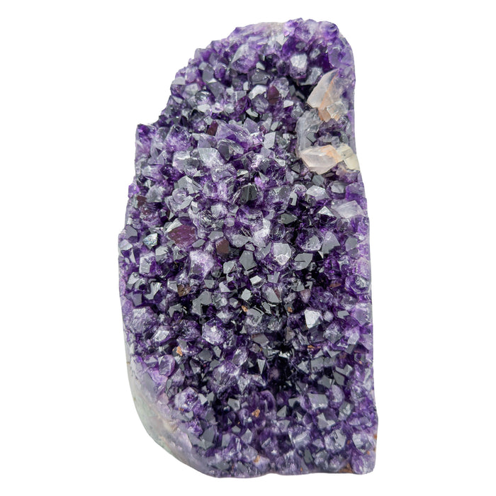 AA grade amethyst polished geode from Artigas, Uruguay, upright standing geode, dark purple crystal with a pale calcite inclusion set into the face, 4.60 x 5.25 x 8.30 in, 9.98 pounds.
