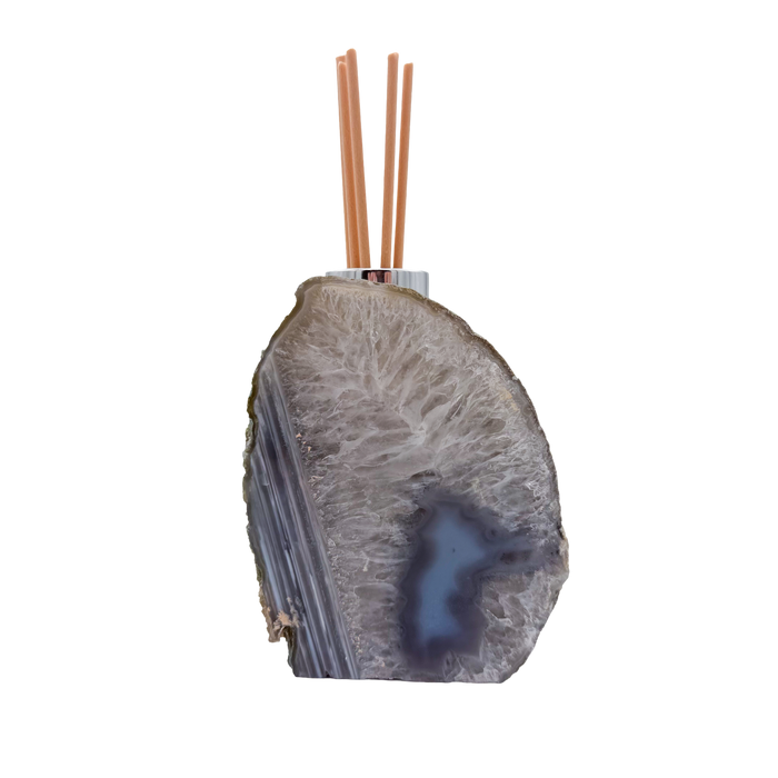 Agate reed oil diffuser from Brazil, polished banded geode face with chrome collar and reeds