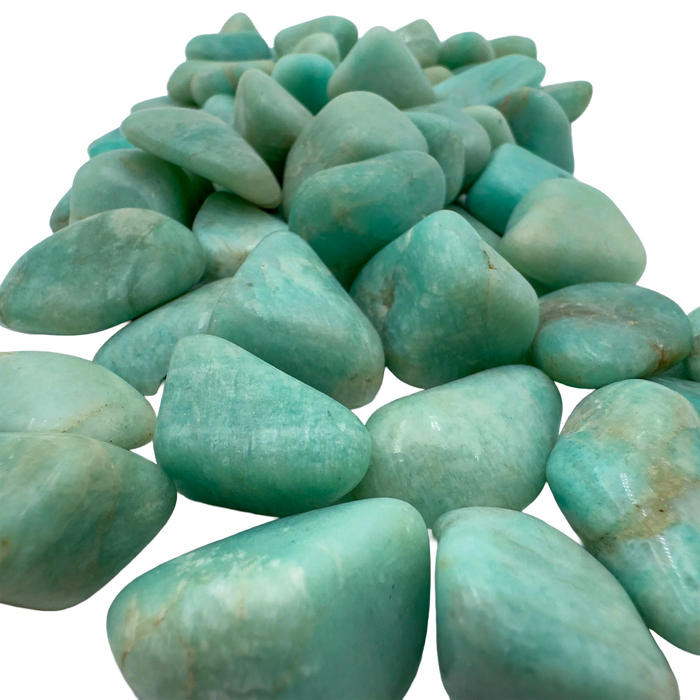 Additional angle of Amazonite tumbled stone, AA Grade, sourced from Minas Gerais, Brazil. Traditionally used for stress relief.