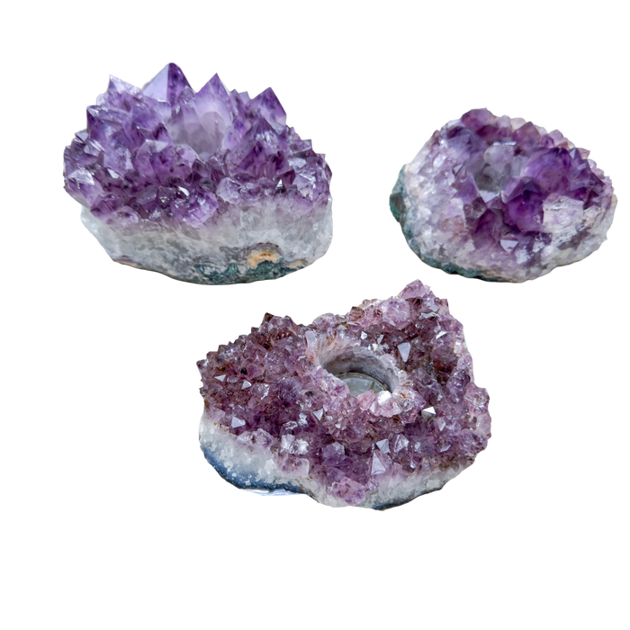 Natural amethyst cluster candle holders from Minas Gerais Brazil, flat cut bases