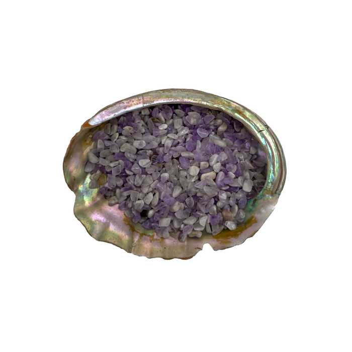 Grade A amethyst crystal chips in a bowl, sourced from Madagascar