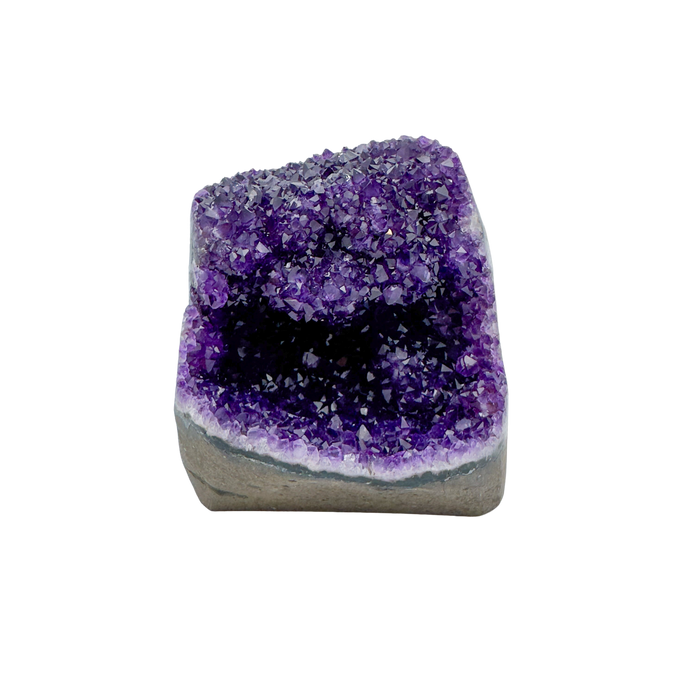 AAA polished amethyst geode from Artigas, Uruguay, deep violet druzy crystal face on a cut standing base