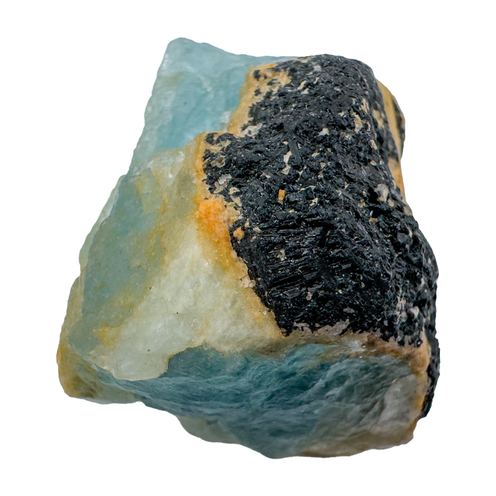 Detail view of A Grade Aquamarine raw crystal with Black Tourmaline from Namibia