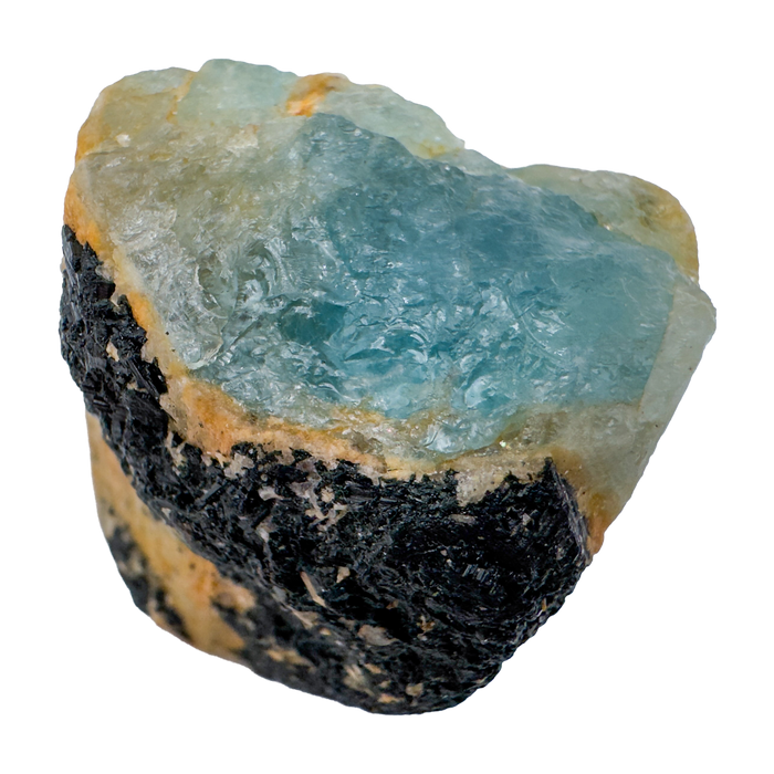 Detail view of A Grade Aquamarine raw crystal with Black Tourmaline from Namibia