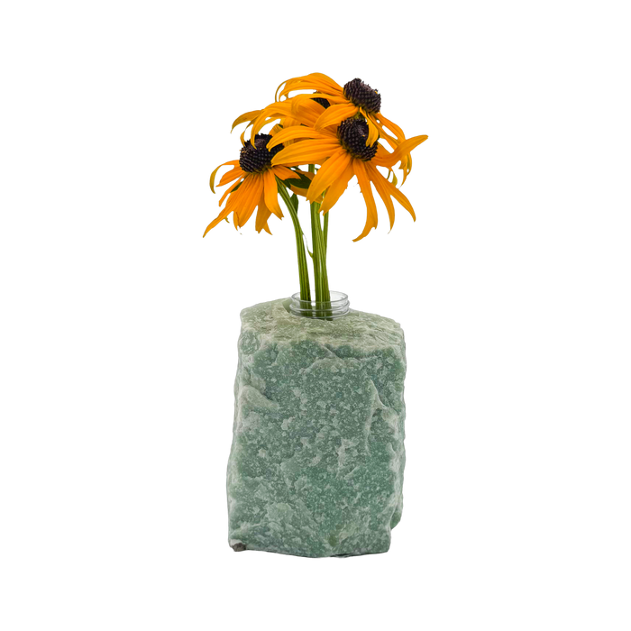 Green aventurine crystal vase in sage green stone with mica shimmer, A grade, Minas Gerais Brazil, view 2
