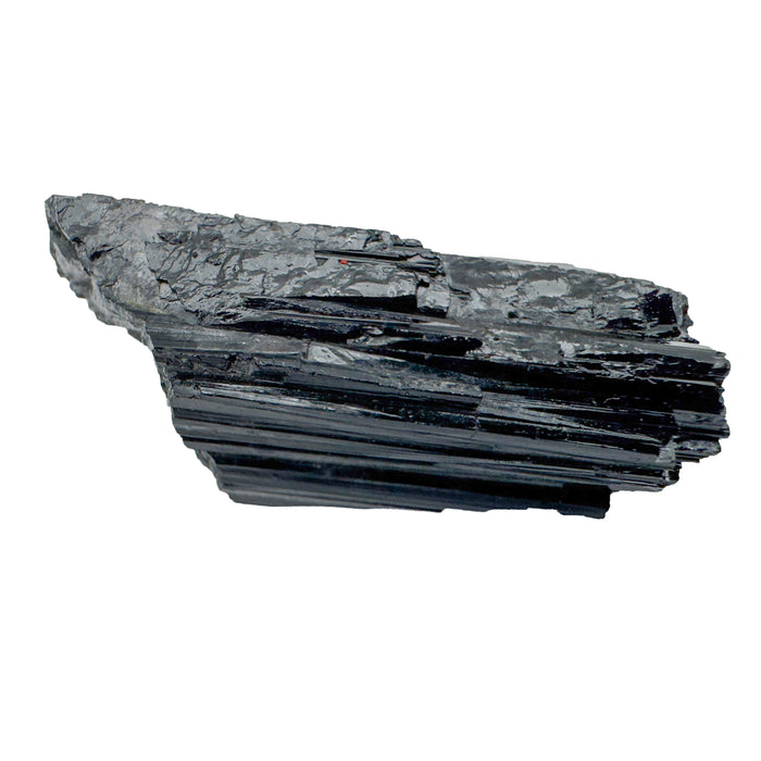 Black Tourmaline Raw Crystals, AA Grade, Brazil: one long striated black crystal on a white background