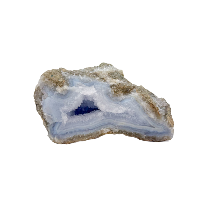 Blue lace agate raw geode from Malawi, AA grade, 5.48 inch piece with pale blue banded chalcedony in a natural cavity