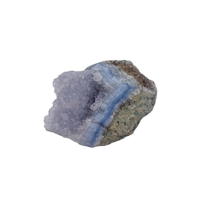 Blue lace agate raw geode, wide blue banded face across the open vug