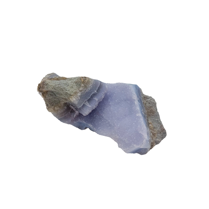 Blue lace agate raw geode from Malawi, AA grade, 6.43 inch piece with a broad open cavity of blue druzy