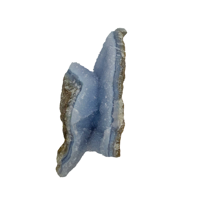 Blue lace agate raw geode, upright view with the fullest blue banding showing