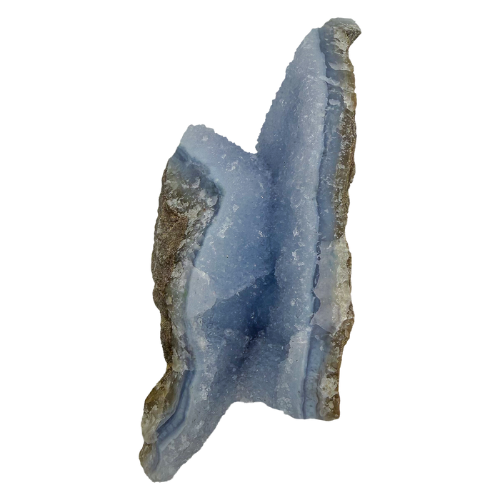Blue lace agate raw geode, upright view with the fullest blue banding showing