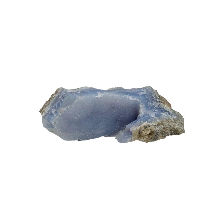 Blue lace agate raw geode from Malawi, AA grade, 4.95 inch piece with a frosted blue seam of druzy