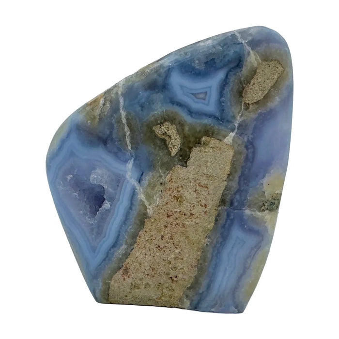 Alternate angle of Blue Lace Agate raw geode, from Malawi.