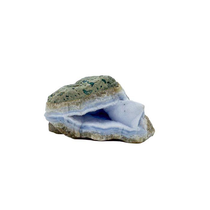 Blue lace agate raw geode, angled view of banded blue chalcedony