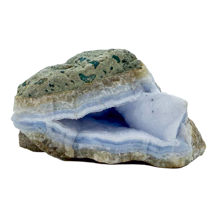 Blue lace agate raw geode, angled view of banded blue chalcedony