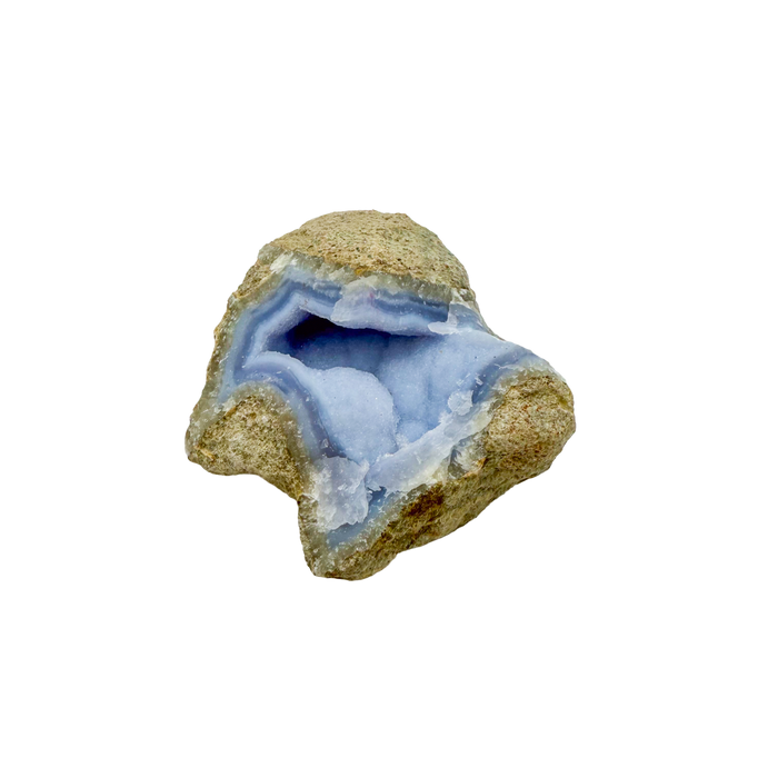 Blue lace agate raw geode, side view showing natural cavity and druzy