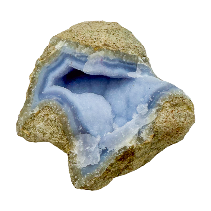 Blue lace agate raw geode, side view showing natural cavity and druzy