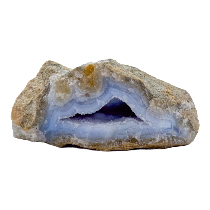 Blue lace agate raw geode, side view showing natural cavity and druzy