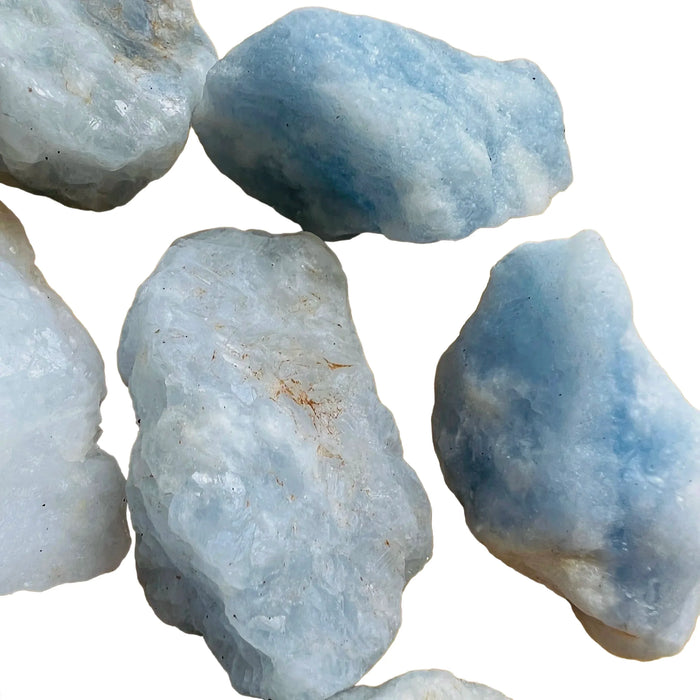 Reverse angle of Blue Calcite raw stone, often kept for Stress Relief and Emotional Healing, Madagascar-sourced.