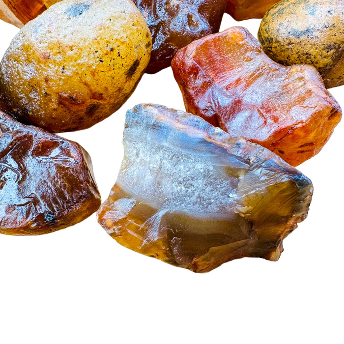 Edge view of Carnelian raw stone, showing natural sheen.