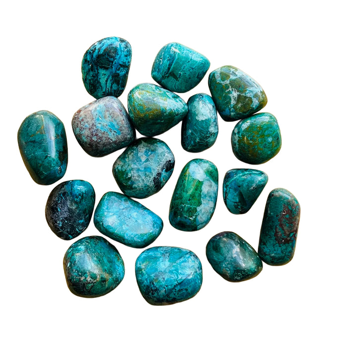 Surface detail of Chrysocolla tumbled stone, showing earthy tone.