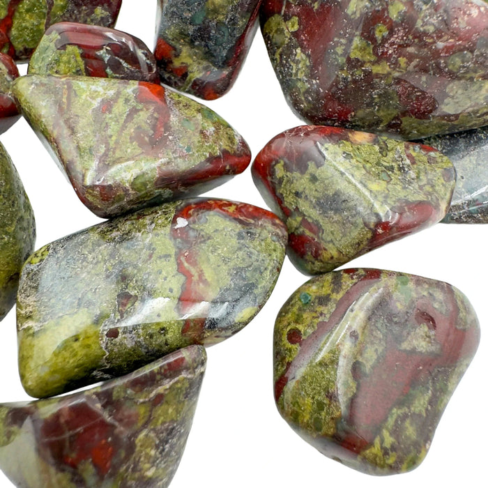 Back view of Dragon Bloodstone tumbled stone, from Limpopo, South Africa.