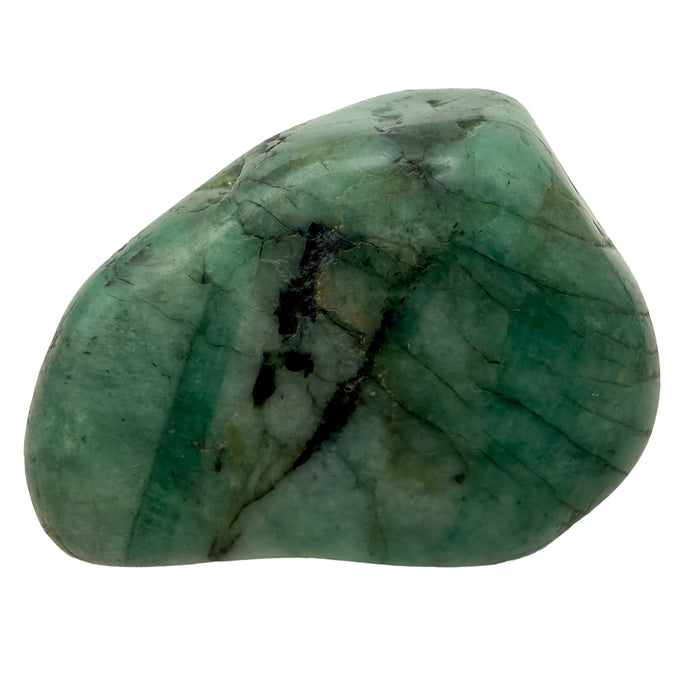 Emerald Tumbled Stones, AA Grade, Brazil: one tumbled stone on a white background, sea green with deeper green bands and a few black inclusions