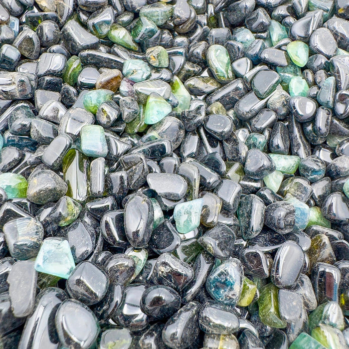 Bird's-eye view of Green Tourmaline polished chip, showing characteristic color, from Mozambique.