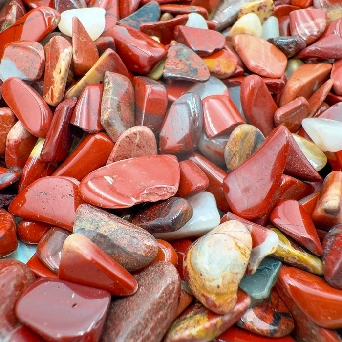 Detail of Grade A Red Jasper polished chip, showing translucent edges, from Northern Cape, South Africa.