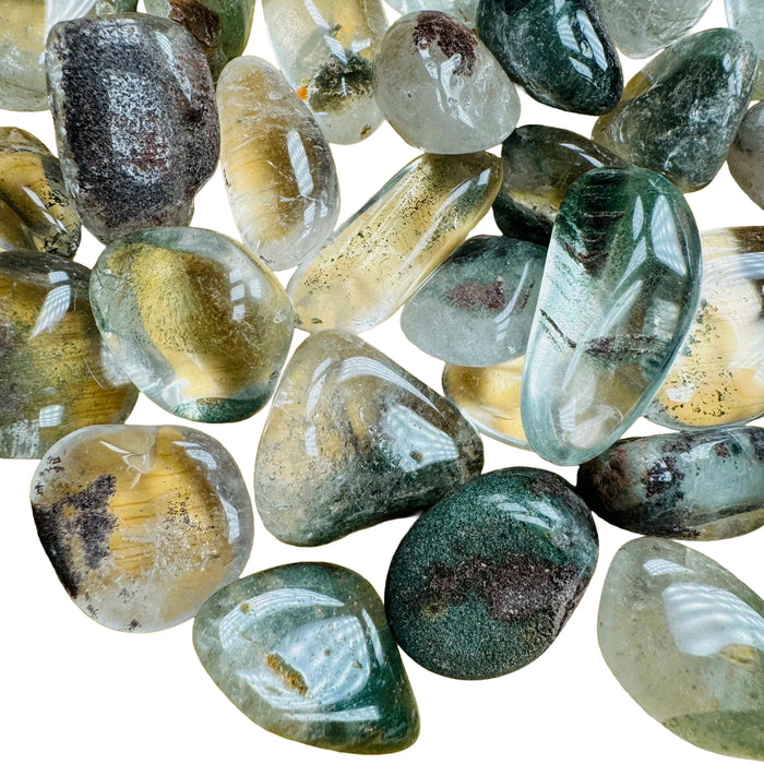 Close detail of Lodolite tumbled stone, showing natural sheen, often kept for Dreaming.