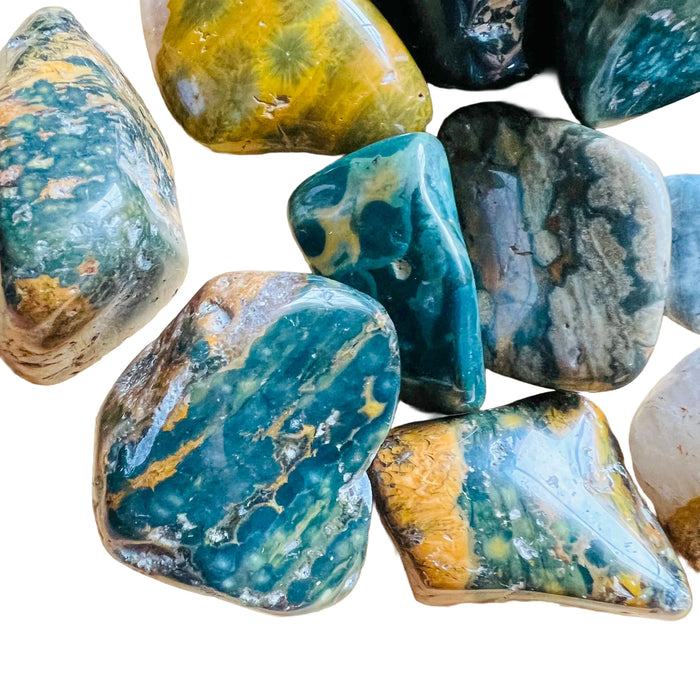 Underside detail of Ocean Jasper tumbled stone, associated with Emotional Healing, showing characteristic patterning.