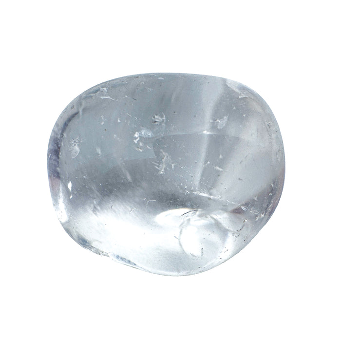 Clear Quartz Tumbled Stones, AAA Grade, Brazil: one rounded tumbled stone on a white background, water clear with small internal fractures