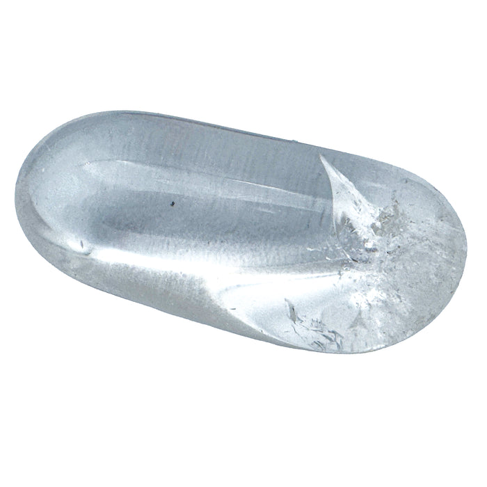 Clear Quartz Tumbled Stones, AAA Grade, Brazil: one oblong tumbled stone on a white background, water clear with a few internal fractures at one end