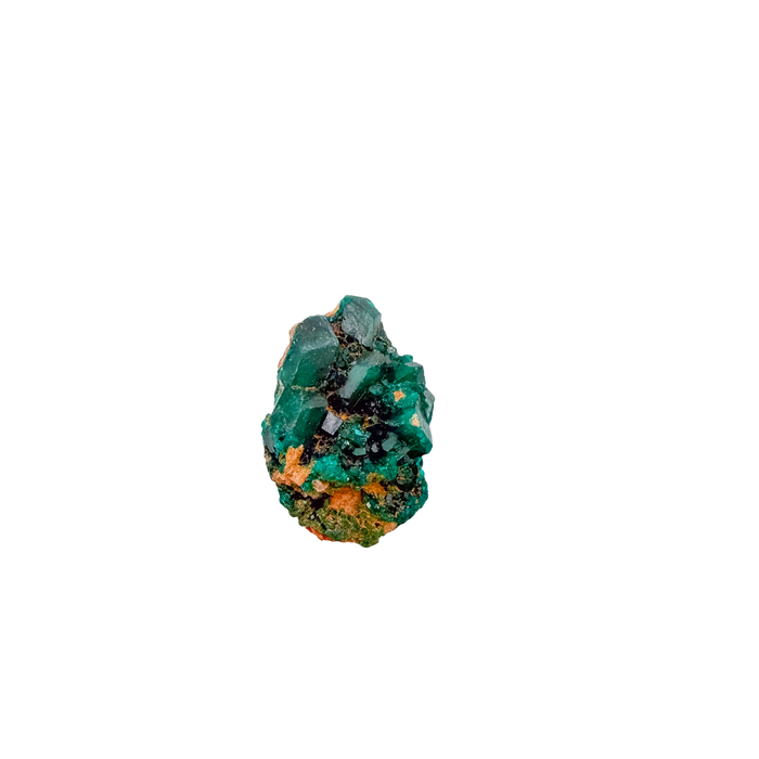 Raw Congolese dioptase, 15.6 g, copper-green crystal over host rock, the emerald-green druzy