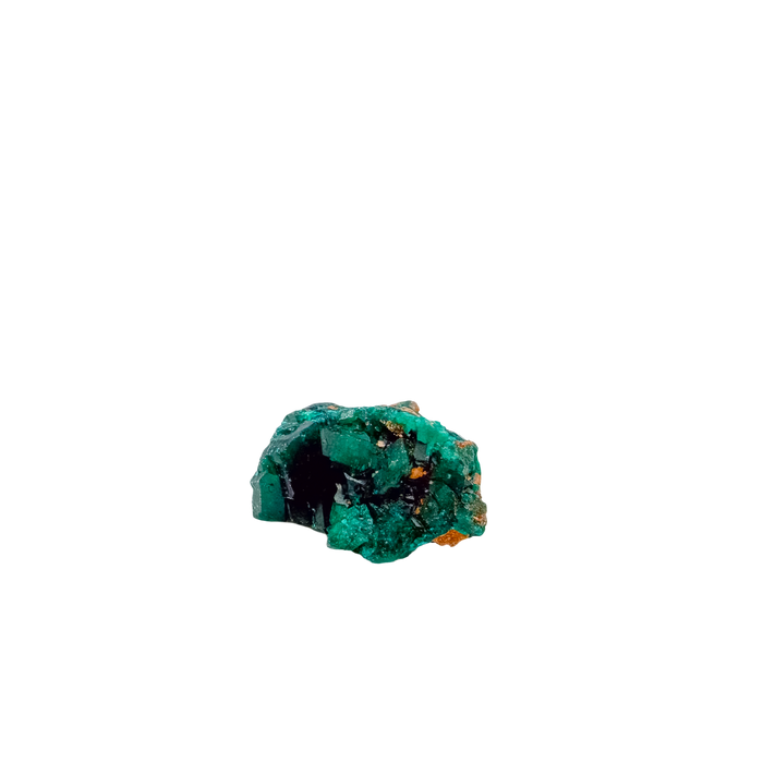 Dioptase specimen of 14.6 g from Renéville, its deep teal cluster shown on white
