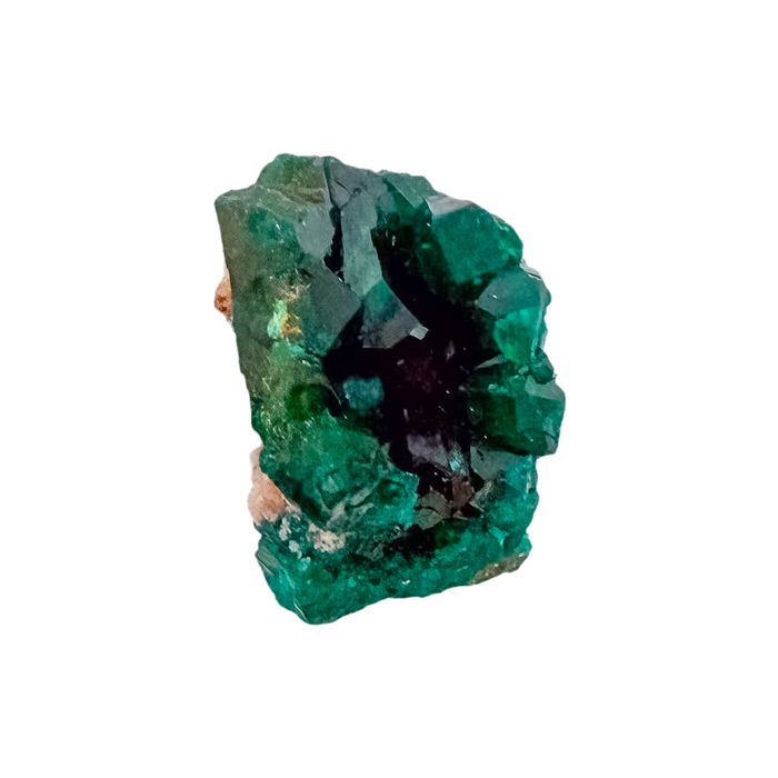 Dioptase specimen of 11.4 g from Renéville, its upright nodule shown on white