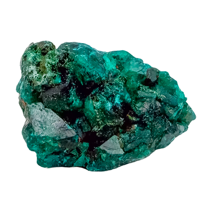 Fine dioptase druzy on the slim flat piece, 0.76 inches of coverage