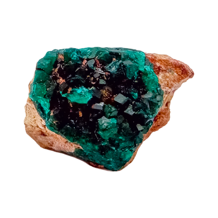 Raw Congolese dioptase, 5.7 g, copper-green crystal over host rock, the petite collector piece